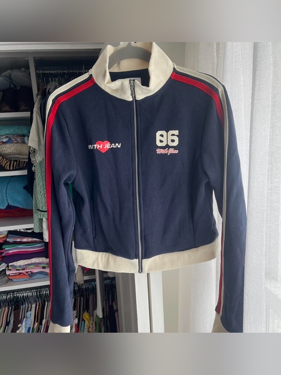 With Jean Jackets & Blazers - With Jean Navy Zip-Front Varsity Jacket with Red & Cream Accents